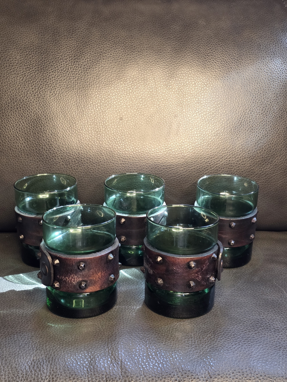 Dark Green Glass Tumbler Set with Leather Stud Bands